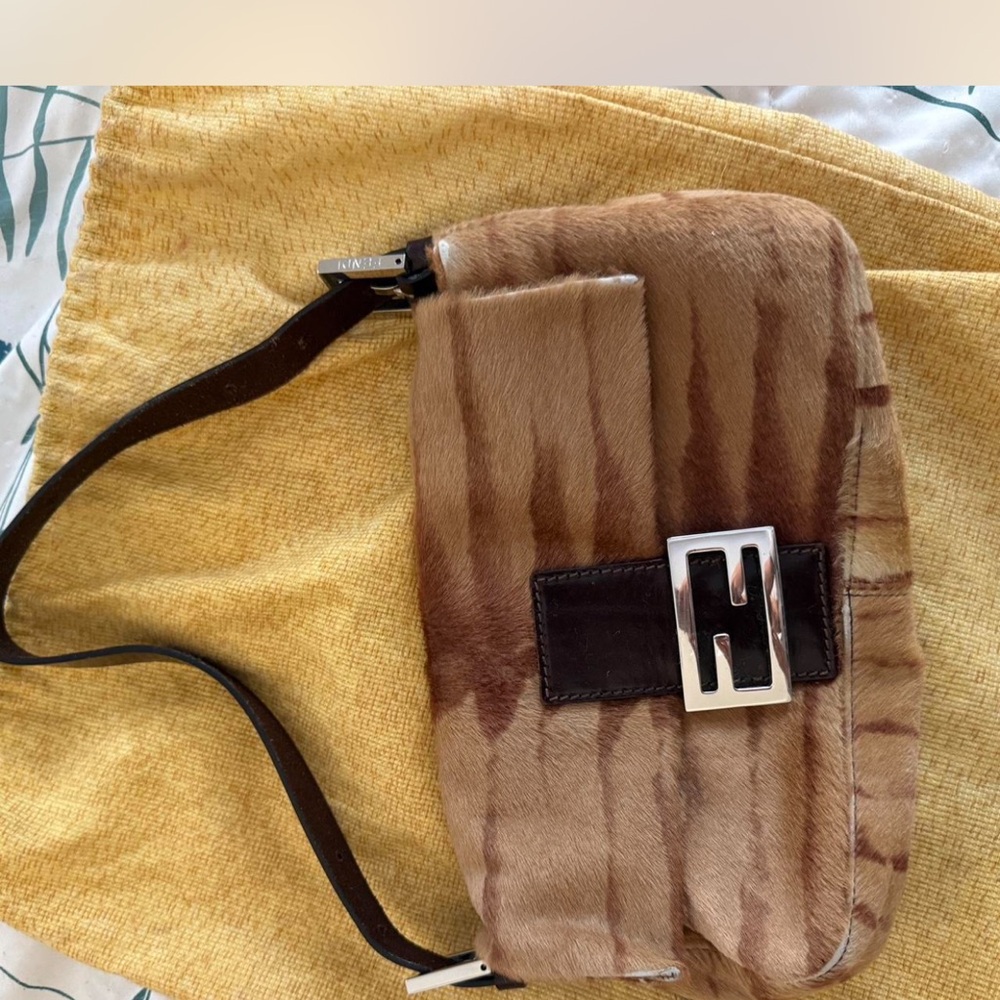 Authentic Vintage Fendi Striped Calfskin Shoulder Bag in Tan/Brown/Silver